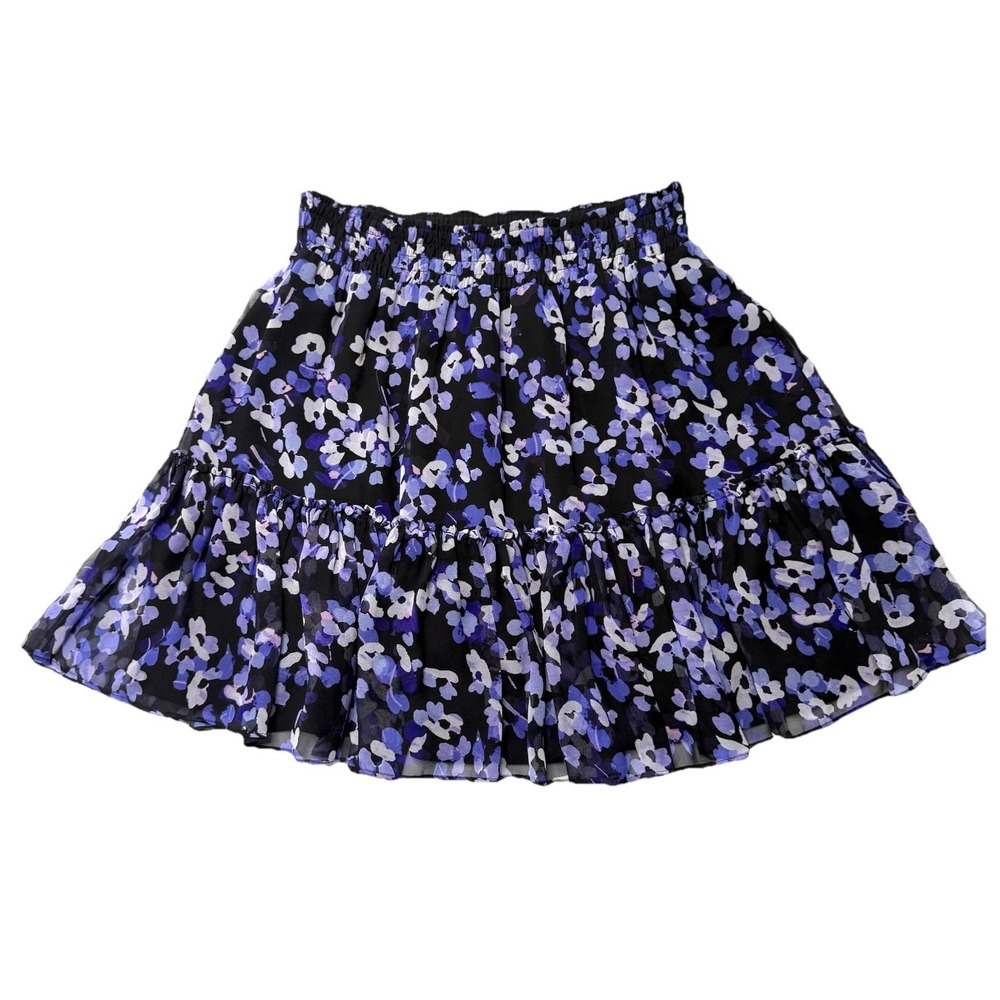 Kate Spade Purple Silk Mini Skirt Multi Floral Hydrangea Chiffon Tiered Black XS